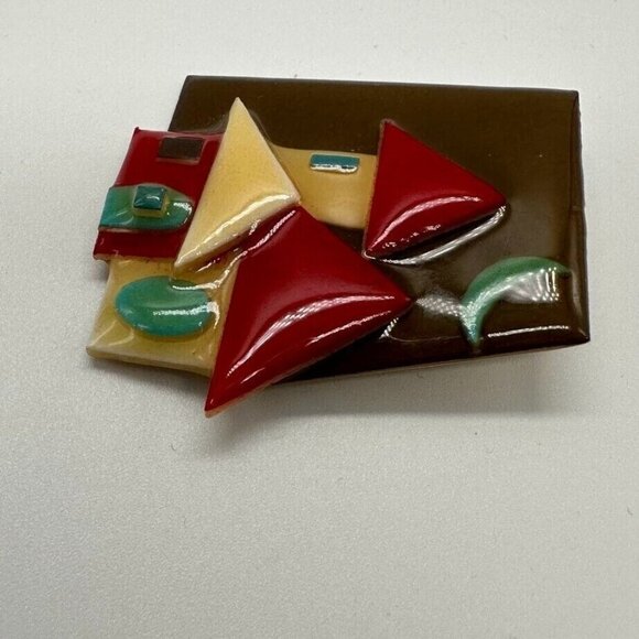 House Pins by Lucinda Mixed Media Resin 2" Pin Brown Red Blue Houses Green Moon - Picture 4 of 7